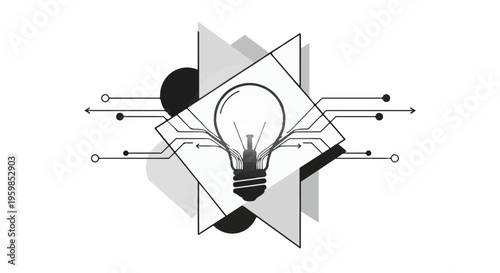 Abstract geometric composition features a glowing lightbulb surrounded by circuit lines and overlapping shapes representing innovation and technology.