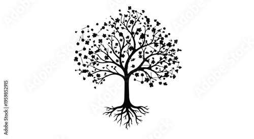 Stylized silhouette of a mature tree with visible roots and small circular leaves is centered against a white background.
