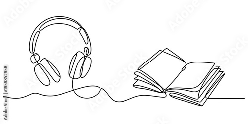 A single continuous line drawing of a pair of headphones connected to an open book for listening Vector, illustration