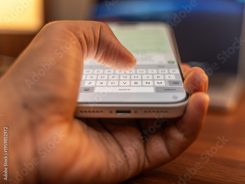 Man hands chatting and typing on smartphone macro closeup. Unrecognizable human typing text message tapping touchscreen keyboard using whatsapp application a social media