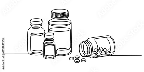 Continuous line drawing of various medicine bottles and pill capsules on a clean white background Vector, illustration