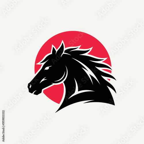 Powerful Black Horse Head Logo Design with Red Circle Background.