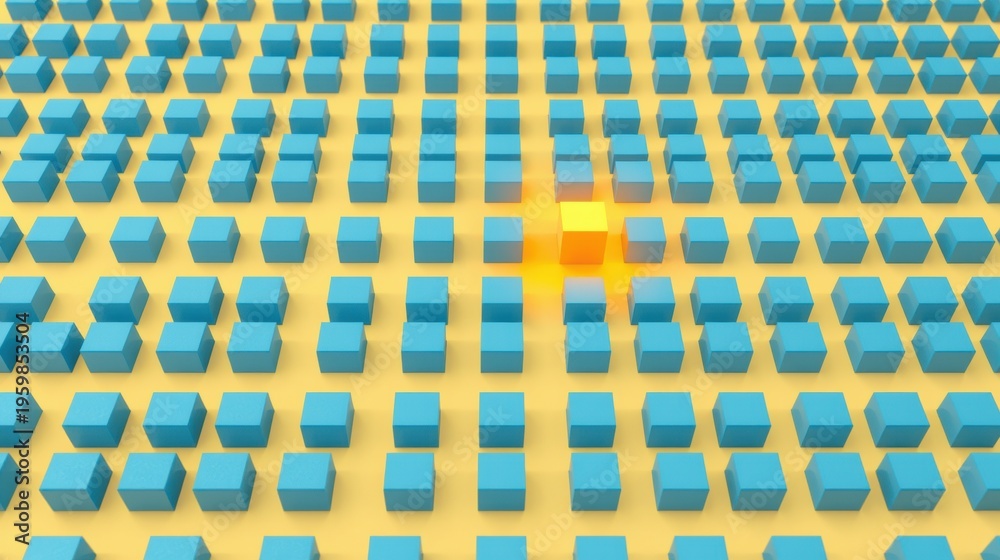 Naklejka premium Isometric grid. Blue cubes rest upon yellow platforms. Center shows brighter, warmer hue. Visual represents data points or network.