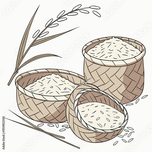 Woven baskets with rice and plants grains food