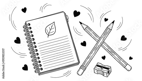 Hand Drawn Spiral Notebook with Crossed Pencils and Sharpener, Cute Doodle Stationery Vector Illustration Isolated on White Background