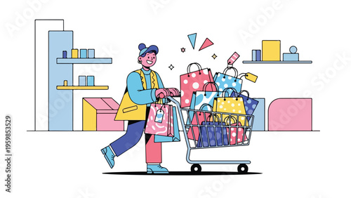 Cartoon illustration of a smiling woman pushing a shopping cart filled with colorful products in a retail store with shelves and a white background.