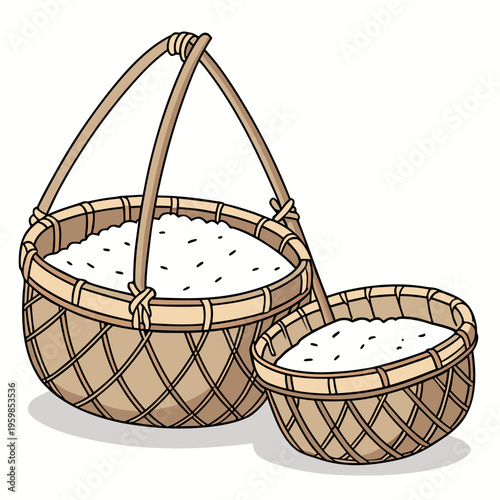 Two wicker baskets filled with white rice food agriculture