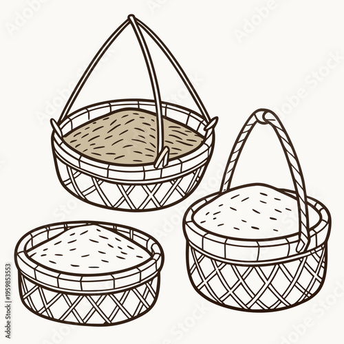 Various woven baskets traditional containers agriculture