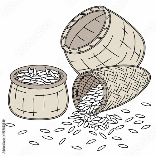Woven baskets with rice grains scattered food storage