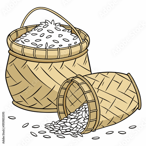 Two wicker baskets filled with rice grains brown white background