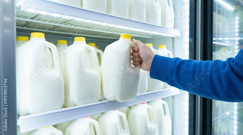 Person's hand reaching for a white plastic gallon jug of milk from a refrigerated shelf in a supermarket dairy aisle, symbolizing everyday grocery shopping and healthy lifestyle choices