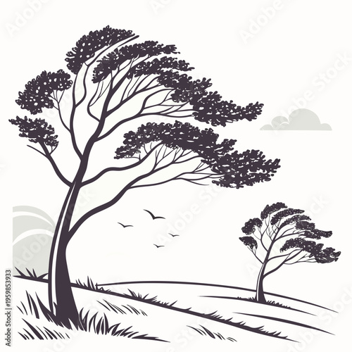 Trees on a windy hill landscape clouds