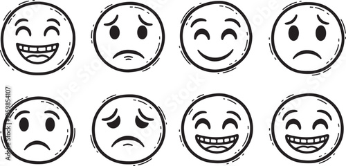 Set of fifteen hand drawn doodle emoji icons with various facial expressions isolated on white background, concept for corporate employee feedback, office communication and business
