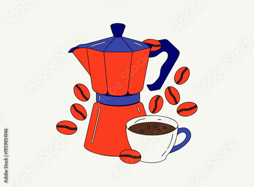 cafetera con tazas y granos de cafe