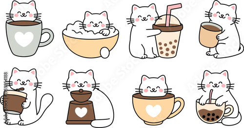 Cute cat coffee illustrations set, kawaii kitten drinking tea bubble milk and relaxing in cups cartoon vector collection for stickers design