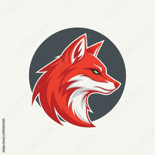 Vibrant red fox head with piercing green eyes in profile.