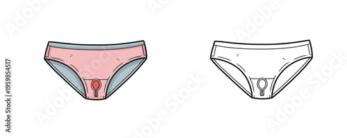 Detailed diagram showing a pair of period underwear with blood in pink colors next to a black and white outline for education on white background