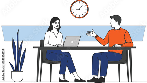 Professional conversation between coworkers discussing project ideas and strategies while working together at office table