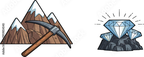 Mining concept showing pickaxe and mountains alongside valuable diamonds representing resource extraction and wealth creation