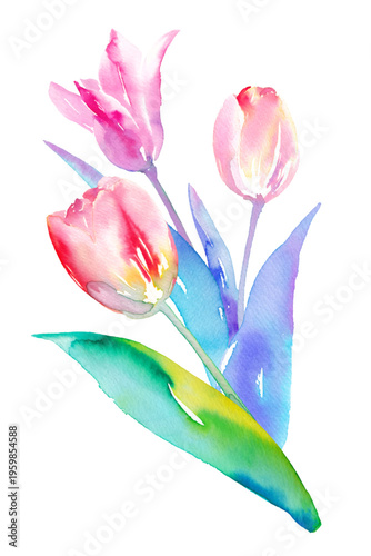  3本のカラフルなチューリップの水彩イラスト　クリップアート（ベクター。花と葉は別レイヤー）