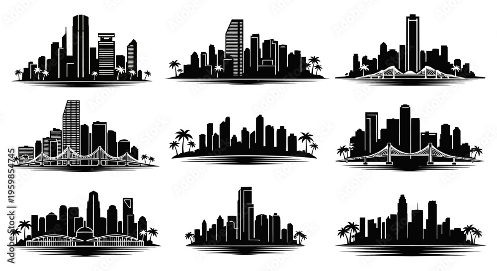 Obraz premium Cityscape Silhouettes: Diverse Urban Skylines with Bridges and Palm Trees