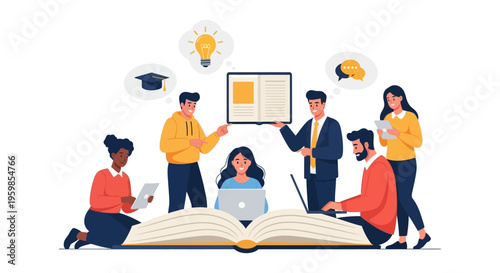 Diverse Team Collaborative Learning on Giant Book. Education, Knowledge Sharing, and Idea Generation. Online Study Vector Illustration.