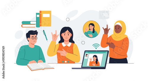 Diverse Group Learning Sign Language Online. Inclusive Deaf Education, Remote Communication, and Accessibility Class. Vector Illustration.