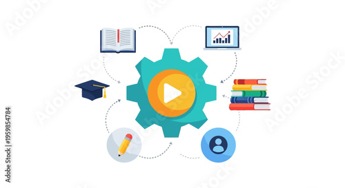 E-Learning Process Flow Diagram. Online Education System Mechanism with Video Content, Books, Graduation, and Digital Analytics.