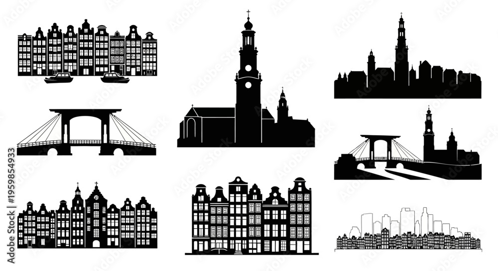 Fototapeta premium Cityscape Silhouettes: Famous Landmarks and Architecture Collection