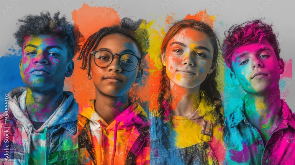 Fototapeta premium Creative multicultural teenagers with vibrant paint splashes, bold International Youth Day concept celebrating artistic identity, diversity and expressive youth culture