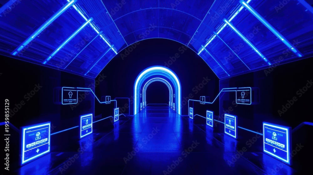Fototapeta premium Futuristic corridor glows with vibrant blue neon lights. Arched doorway beckons toward distant space. Symmetry dominates design.