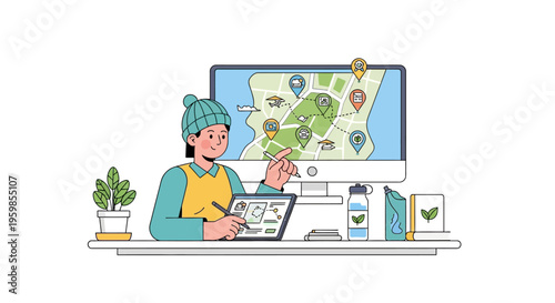 Young woman using digital tablet and computer for mapping project.