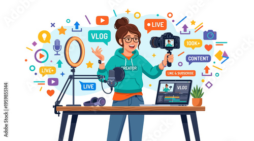 Young woman vlogger creating content with camera and microphone.