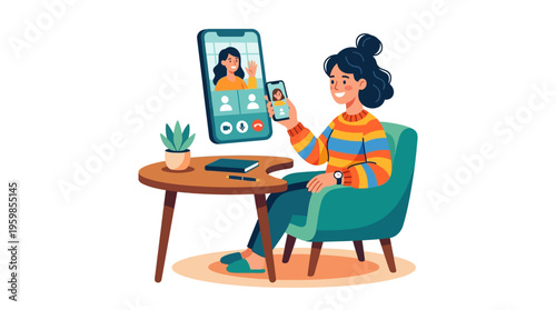 Young woman video calling on smartphone while sitting comfortably.