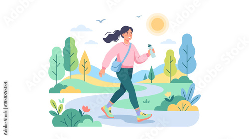 Young woman walking outdoors with water bottle.