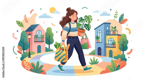 Young woman walking with groceries and potted plant.