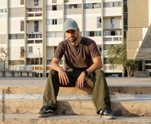 Foto Urban Latino man sitting on concrete steps outdoors in casual streetwear in front of a residential building