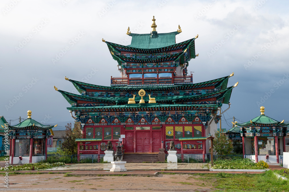 Fototapeta premium Buddhist temple on the territory of Ivolginsky Datsan on a cloudy September day. Buryatia