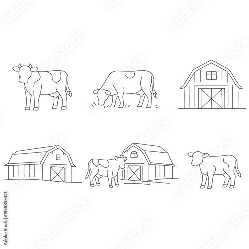 Six line of cows and barns on a white background calf farm building