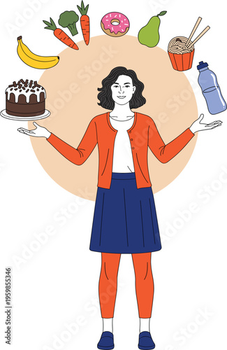 Woman choosing between healthy food and sweets illustrating nutrition balance diet and lifestyle concept