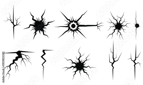 Set of black wall and ground crack vector effects on white background