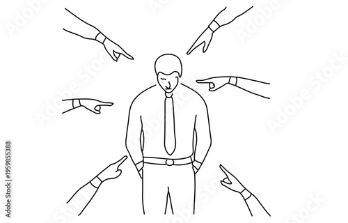 Sad person is judged by people and pointed fingers at him one line drawing on white isolated background. Sad man suffering from cyberbullying at work. Cartoon vector illustrati