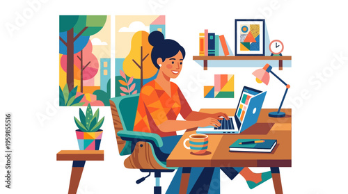 Young woman working on laptop at desk.