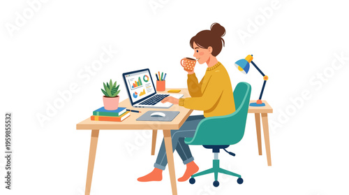 Young woman working on laptop at desk drinking coffee.