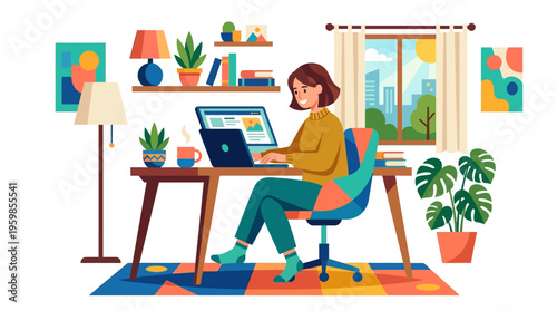 Young woman working on laptop at desk.