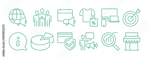 Business and marketing icon set, global communication, target strategy, analytics, promotion, e commerce, finance, security and customer interaction linear outline symbols flat vector illustration.