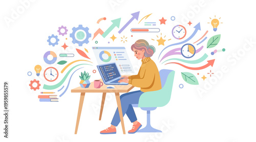 Young woman working on laptop at desk with colorful data visualization elements.
