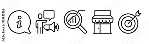 Business and marketing icon set, global communication, target strategy, analytics, promotion, e commerce, finance, security and customer interaction linear outline symbols flat vector illustration.
