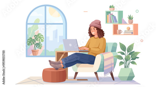 Young woman working on laptop in cozy armchair.