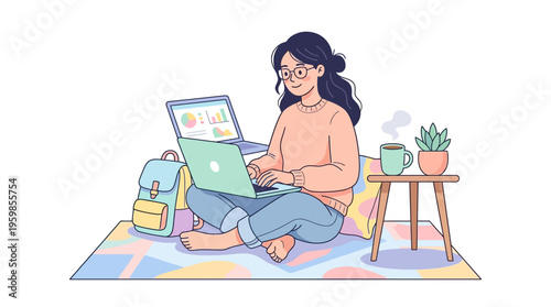 Young woman working on laptop in cozy setting.